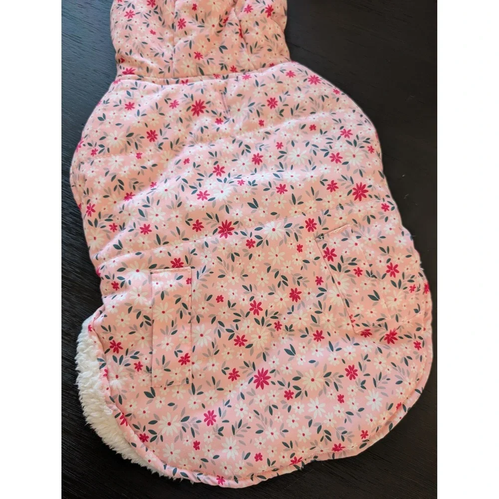 Pink Floral Hooded Pet Puffer Vest Faux Shearling Lined Size M The Fluffy Bunch